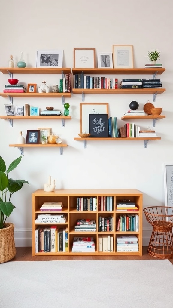 A stylish arrangement of DIY wall shelves displaying books, plants, and decorative items.
