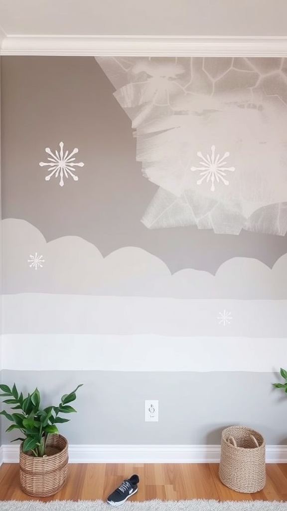 A wall with a two-tone paint treatment and a quote, accompanied by a green plant.