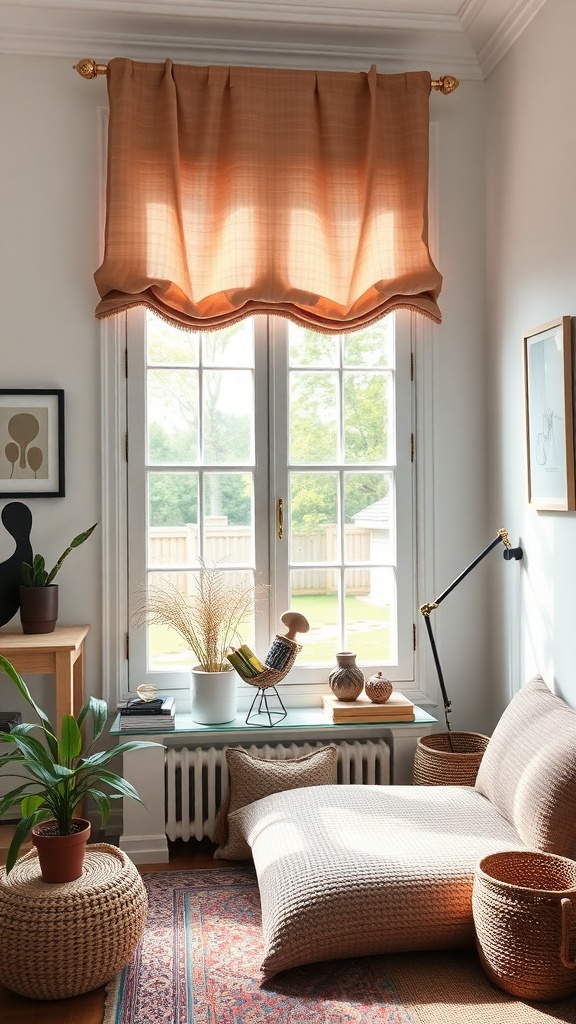 A cozy room with a window dressed in warm, flowing curtains, plants, and comfortable seating.