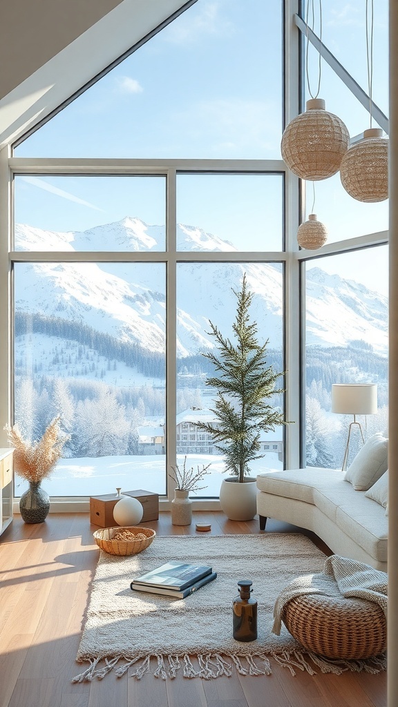 Heller Raum mit großen Fenstern und Blick auf schneebedeckte Berge, dekoriert mit einem kleinen Baum und natürlichen Materialien.