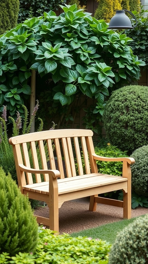 A wooden bench surrounded by lush green plants in a garden.
