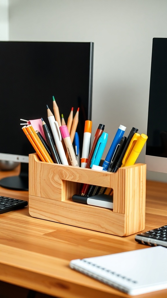 A wooden desk organizer filled with colorful pens and markers on a wooden desk.