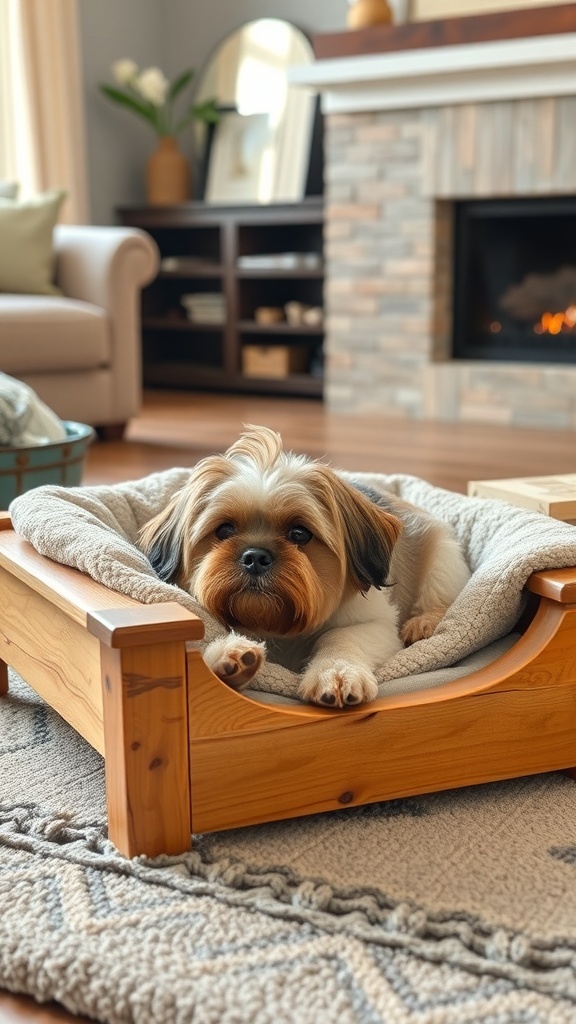 A wooden pet bed with a dog resting on a cushion, showcasing a cozy and stylish design.