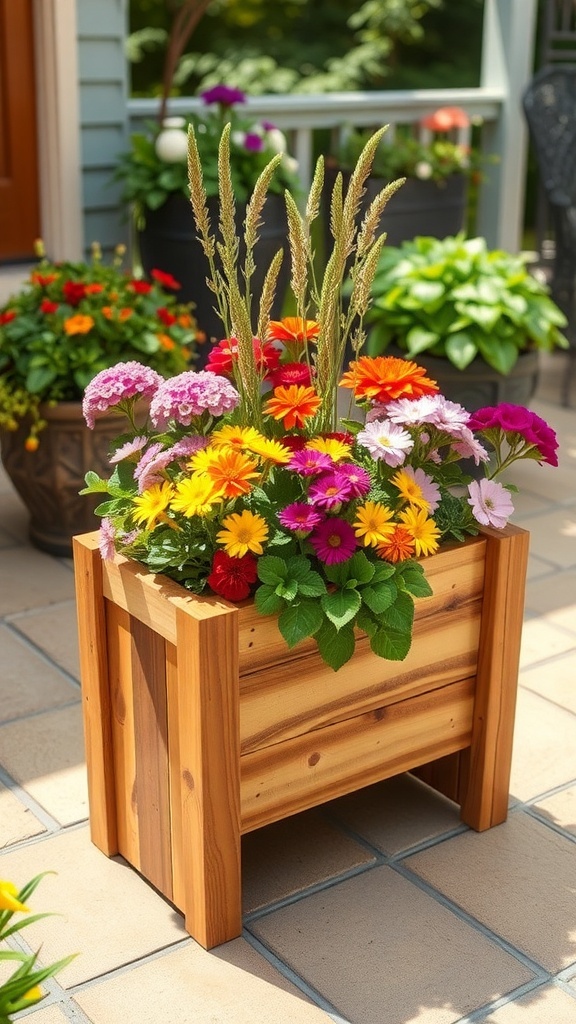 A wooden planter box filled with colorful flowers, showcasing a DIY wood project for beginners.