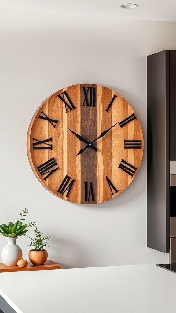 A large wooden wall clock made from different types of wood, showcasing a modern design.