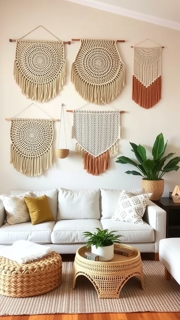 A cozy living room featuring woven wall hangings in neutral tones, a light sofa, and natural decor elements.
