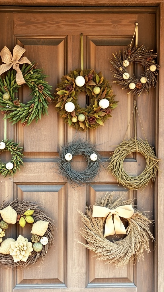 A variety of DIY wreaths hanging on a wooden door, showcasing different seasonal designs.