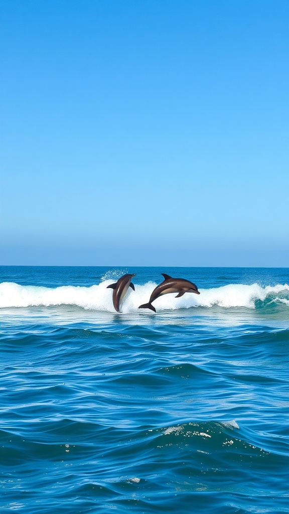 Two dolphins jumping in the waves under a clear blue sky