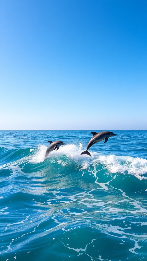 Two dolphins jumping in the waves under a clear blue sky