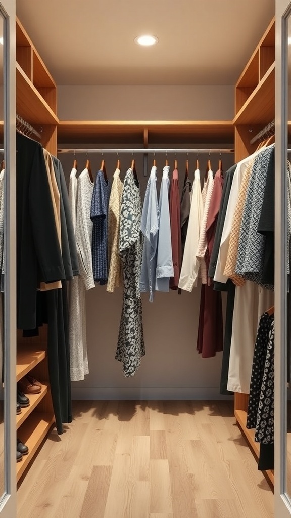 A walk-in closet with double-sided hanging space showcasing neatly organized clothes.