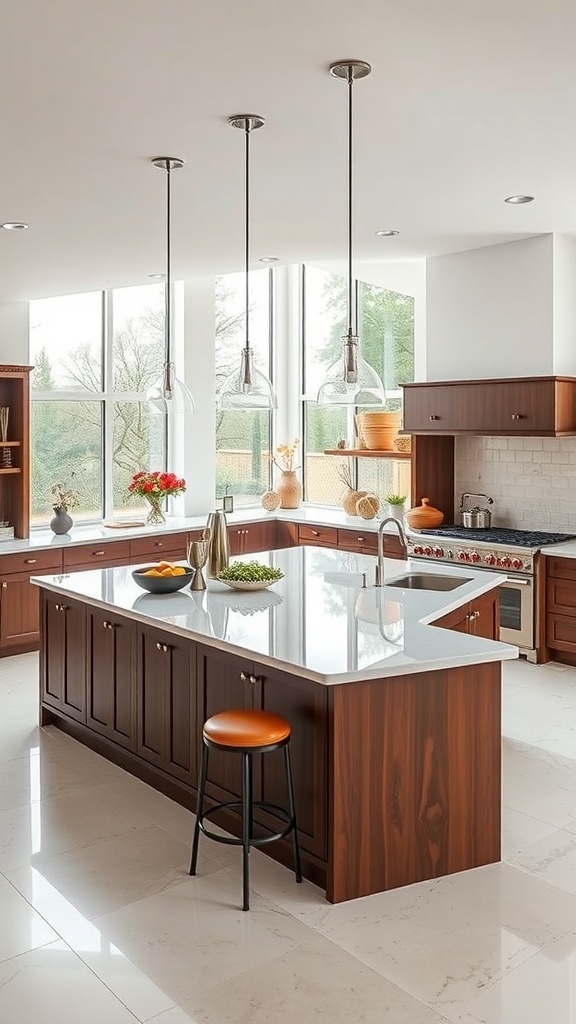 A modern kitchen featuring a double island setup with wooden cabinetry and large windows.