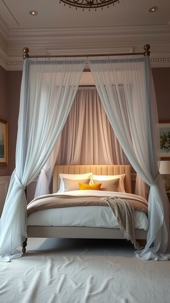 A stylish bedroom featuring a canopy bed with soft drapes and warm lighting.
