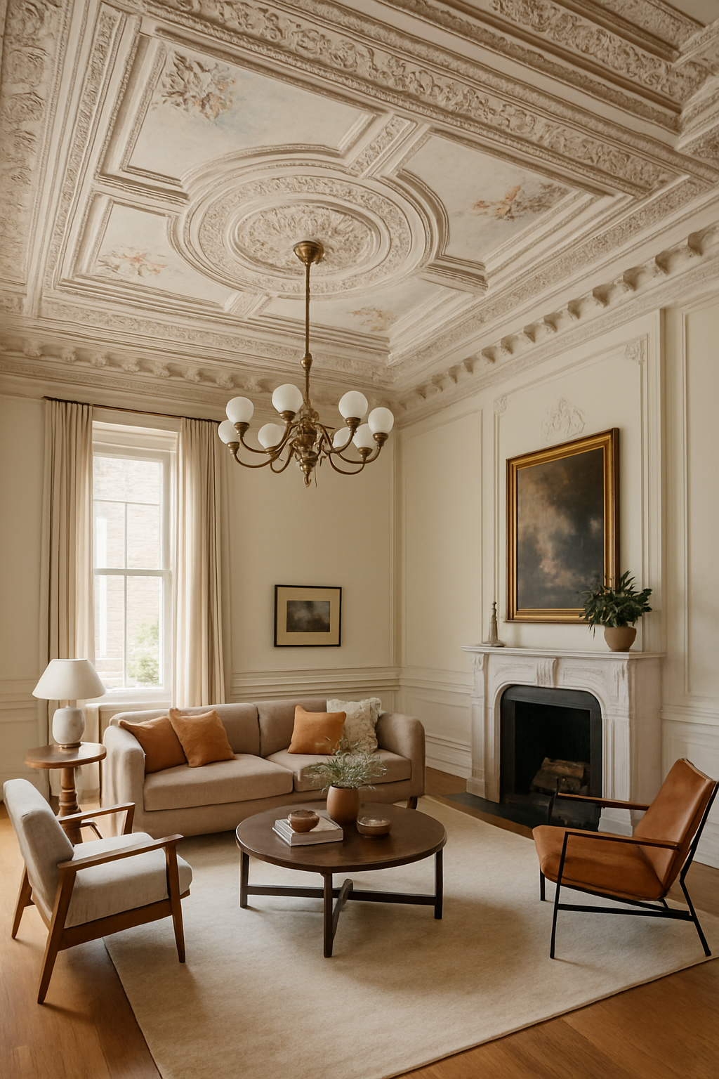 Ein luxuriöses Wohnzimmer mit einer kunstvoll gestalteten Decke und eleganten Möbeln.