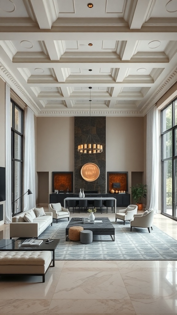 A modern open concept living and dining room with a coffered ceiling, stylish furniture, and large windows.