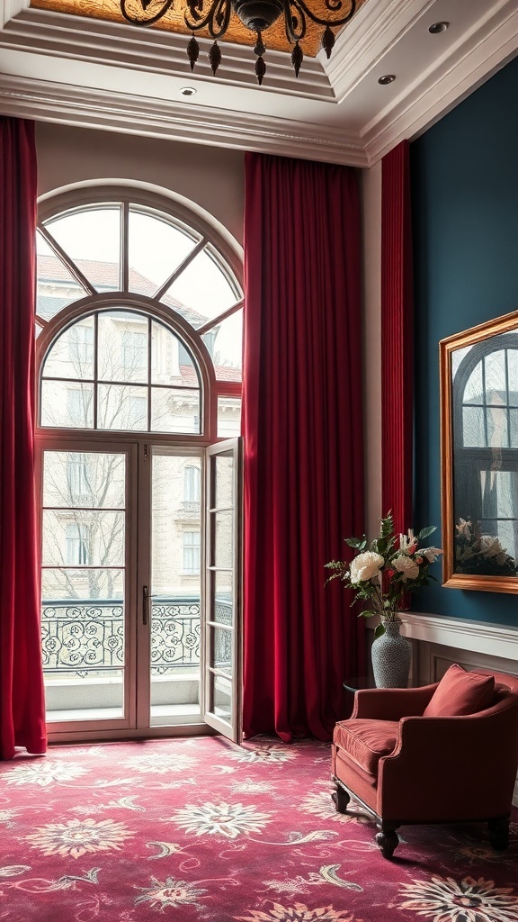 Ein Raum mit dramatischen roten Vorhängen, einem großen Fenster und einem gemütlichen Sessel.