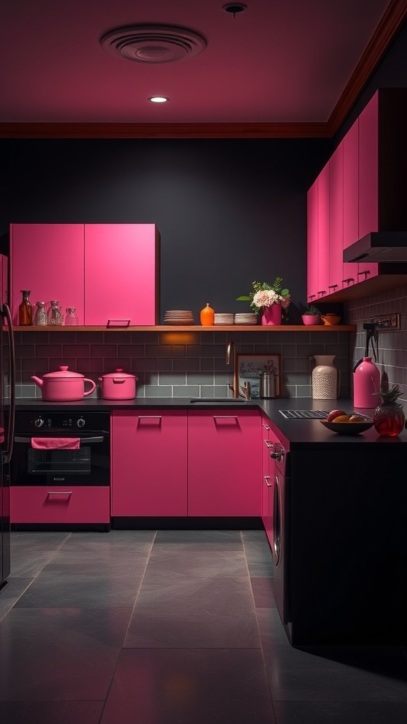 Modern pink kitchen with dark walls and vibrant pink cabinets