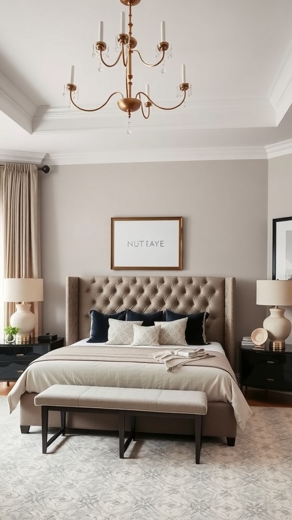 A cozy bedroom featuring a tufted headboard, elegant lamps, and a stylish bench.