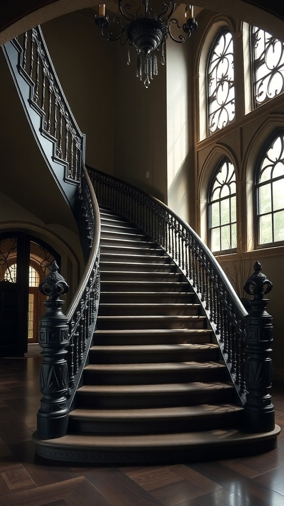 Dramatische Treppe mit geschwungenem Geländer und buntem Fenster im Gothic-Stil