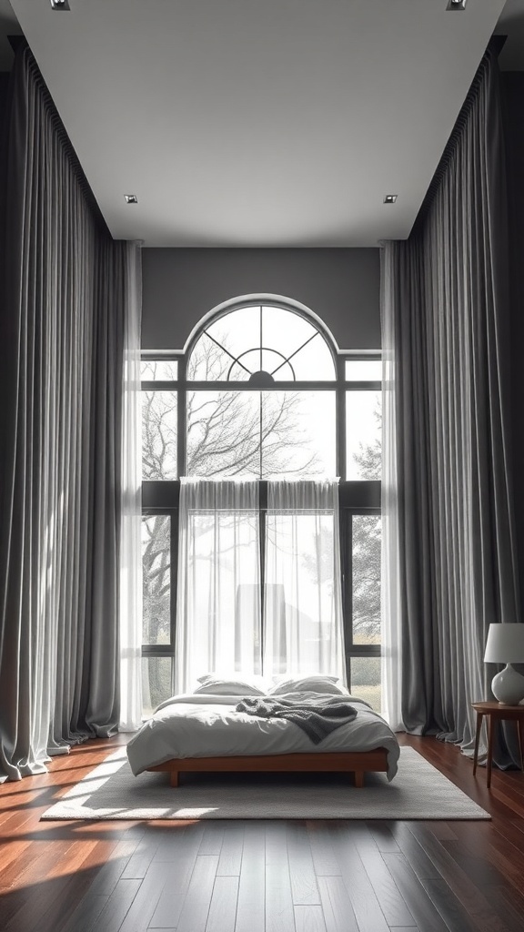 A luxurious bedroom featuring dramatic window treatments with tall curtains framing a large window.