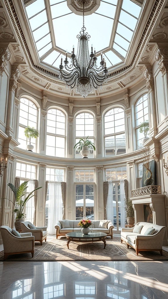 Ein eleganter Raum mit hohen Decken, großen Fenstern und einem Kronleuchter, der den maximalistischen Stil verkörpert.