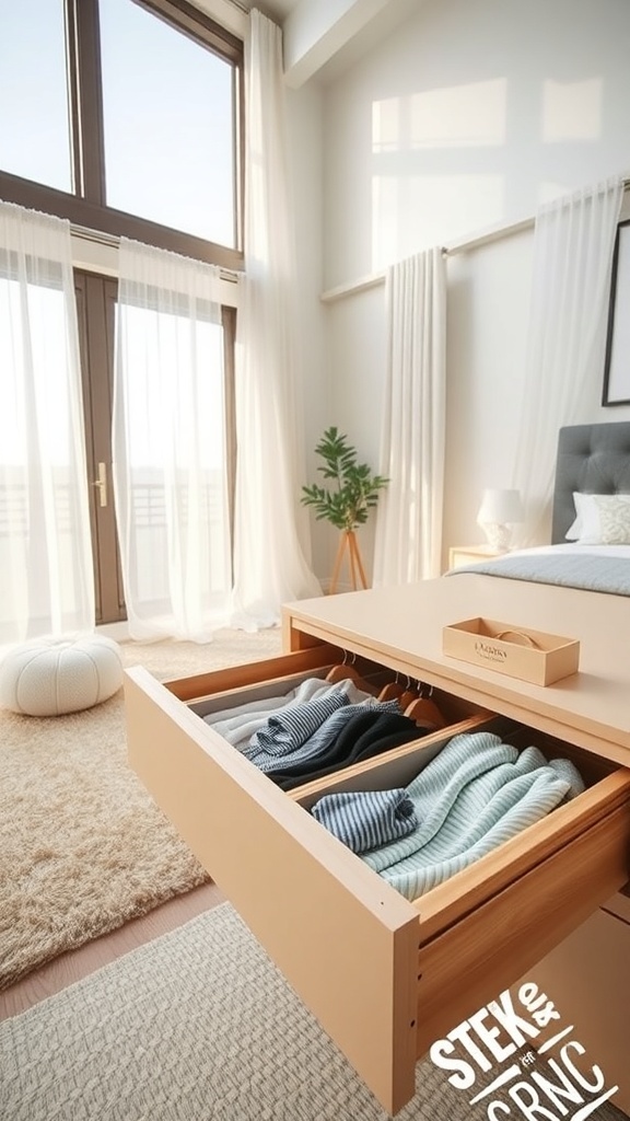 A neatly organized drawer with clothing folded and separated by dividers, showcasing a tidy storage solution.