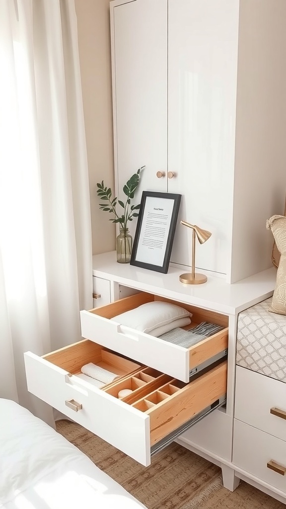A modern bedroom drawer with wooden dividers organizing various items.