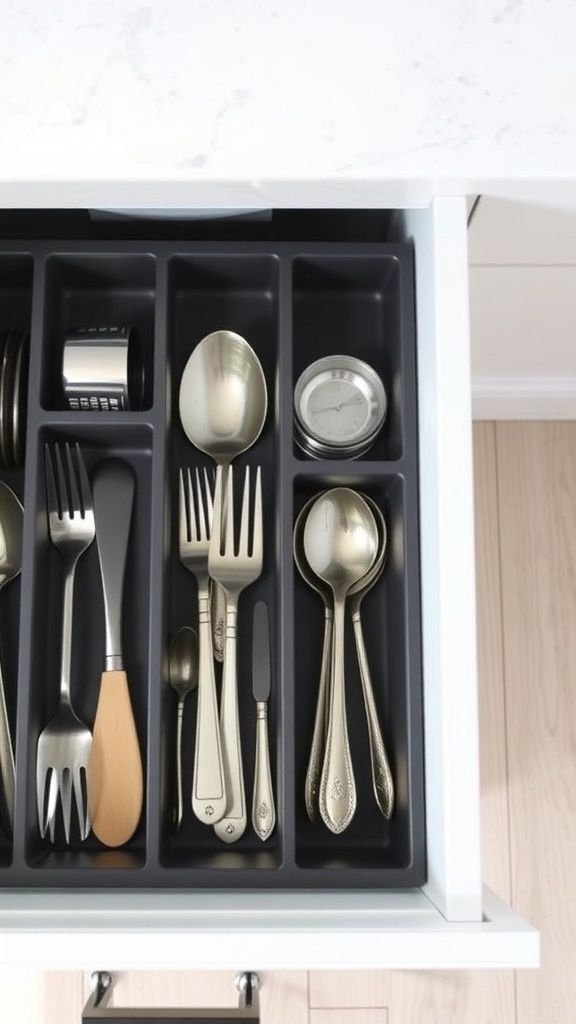 Organized kitchen drawer with utensils separated by dividers.