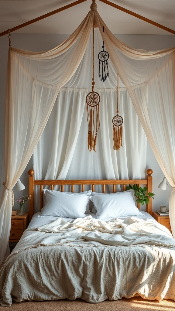 A cozy boho bedroom with a wooden bed, soft bedding, and dreamcatchers hanging from a canopy.