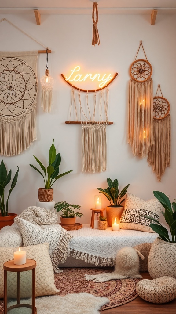 A cozy hippie room featuring dreamcatchers, wall hangings, plants, and soft lighting.