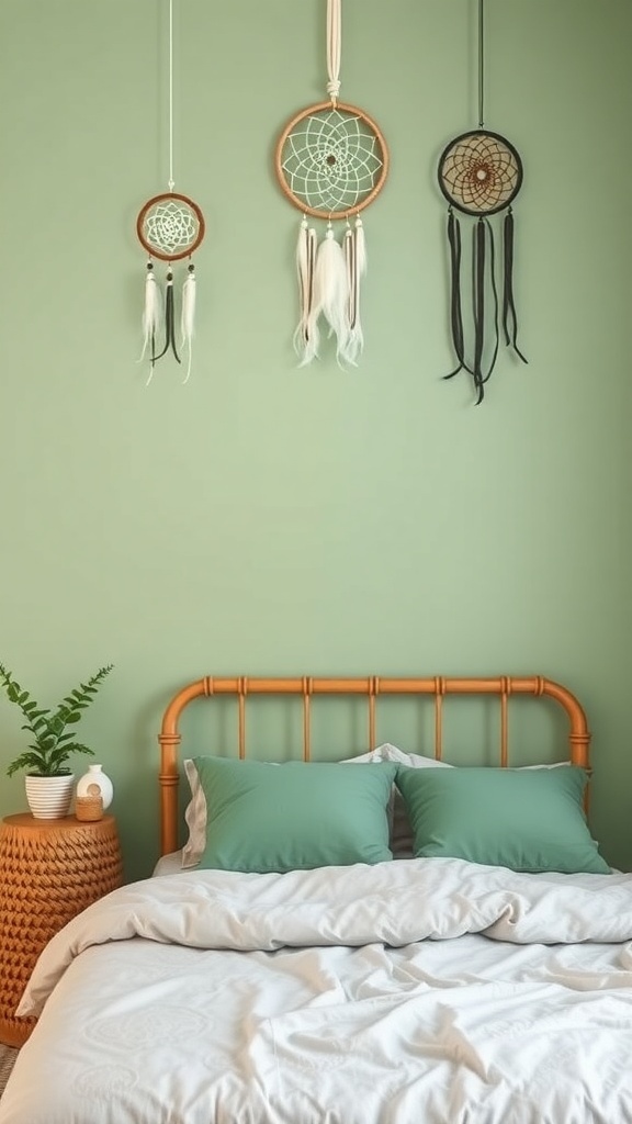 Three dreamcatchers hanging on a sage green wall above a bed with green pillows and a woven side table.