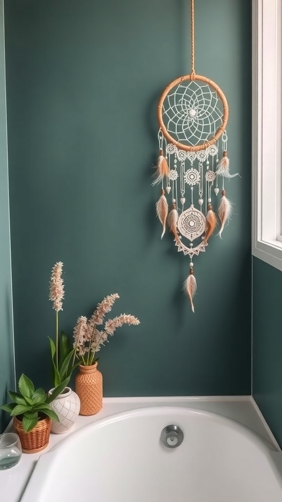 A boho bathroom featuring a dreamcatcher hanging on a green wall, with potted plants and textured vases near a bathtub.