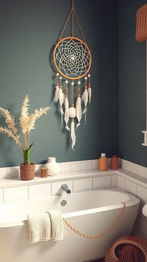 A dreamcatcher hanging on a teal wall in a bathroom, with a bathtub and plants in the background.