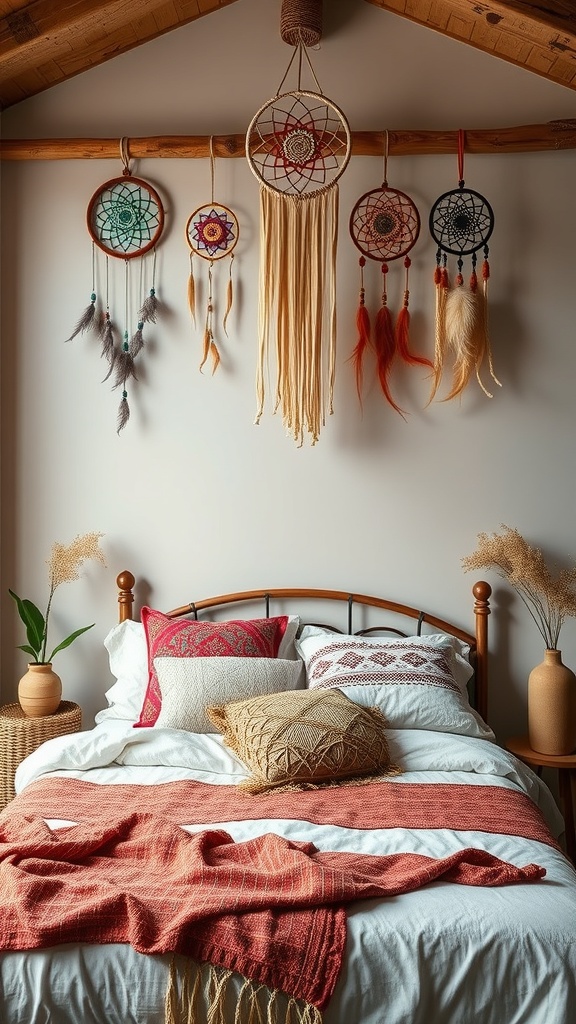 A collection of colorful dreamcatchers hanging above a bed with boho chic decor.