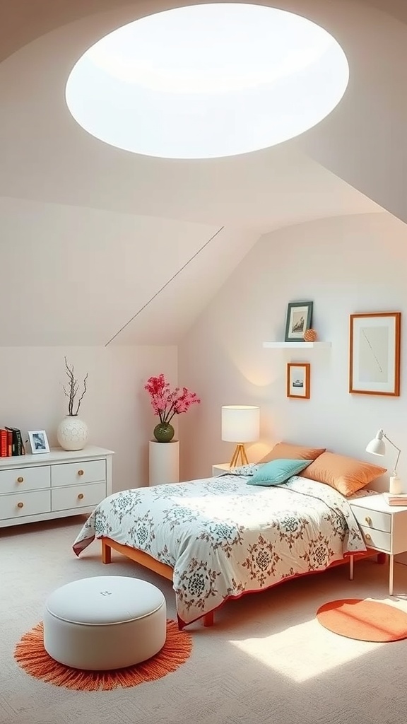 A cozy bedroom with soft colors, a skylight, and stylish decor.
