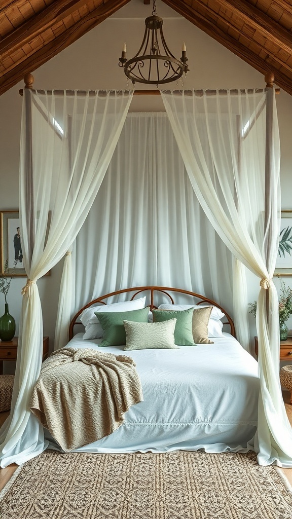 A cozy boho-style bedroom featuring a canopy bed with sage green accents, soft pillows, and a warm throw blanket.