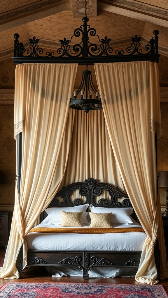 A beautifully designed canopy bed with flowing drapes and elegant details.