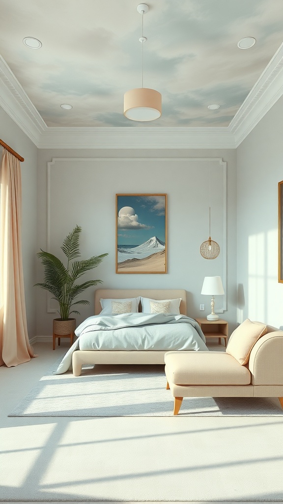 A serene bedroom with a cloud-painted ceiling, soft blue bedding, and warm neutral tones.