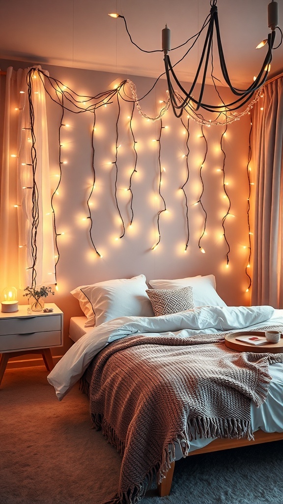 A cozy bedroom with fairy lights draped on the walls, creating a warm and inviting atmosphere.
