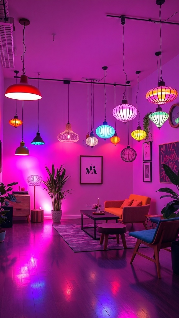 A room with colorful hanging light fixtures, creating a vibrant atmosphere.