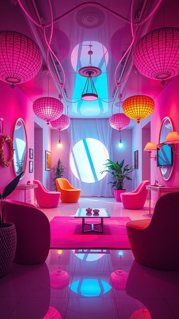 A vibrant living room featuring colorful lighting fixtures and modern furniture.