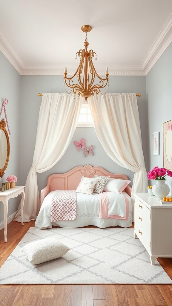 A beautifully decorated kids bedroom with a pink bed, chandelier, and soft pastel colors.