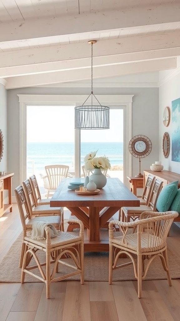 A cozy dining area with driftwood accents and ocean views.