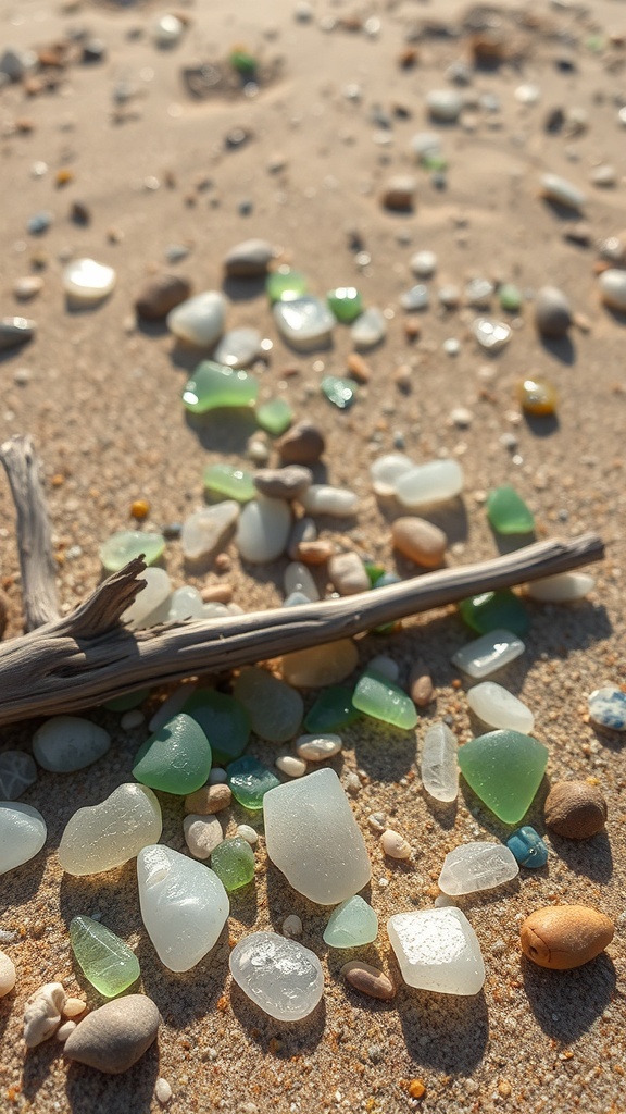 A close-up of colorful sea glass and driftwood scattered on sandy beach