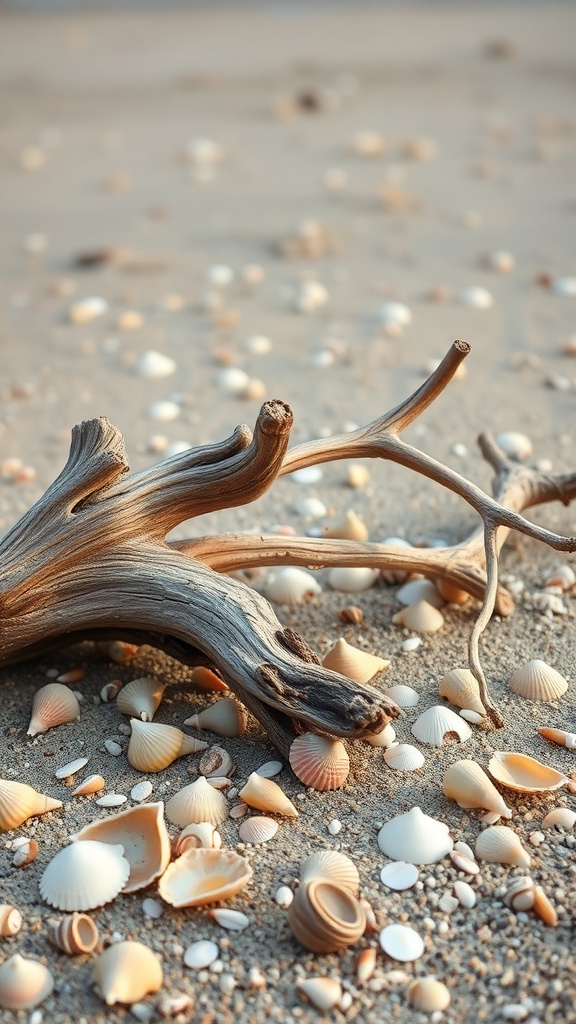 Driftwood and seashells on a sandy beach