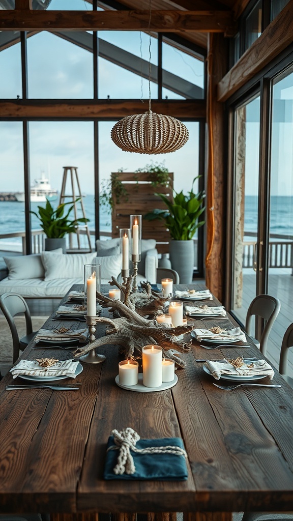 A beautifully set dining table featuring a driftwood centerpiece with candles, surrounded by elegant tableware and a view of the ocean.