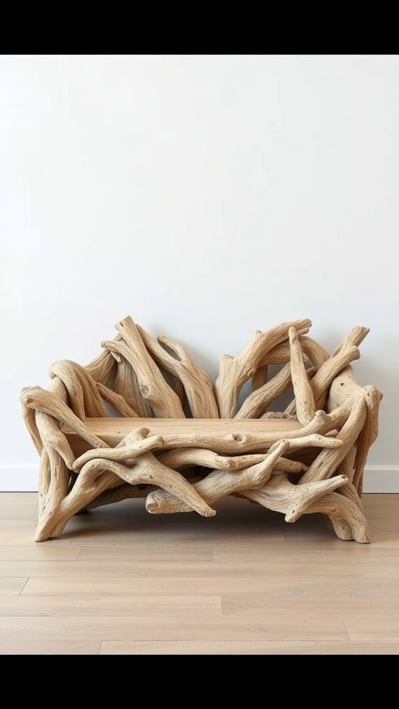 A unique sofa made from driftwood, showcasing natural shapes and textures.