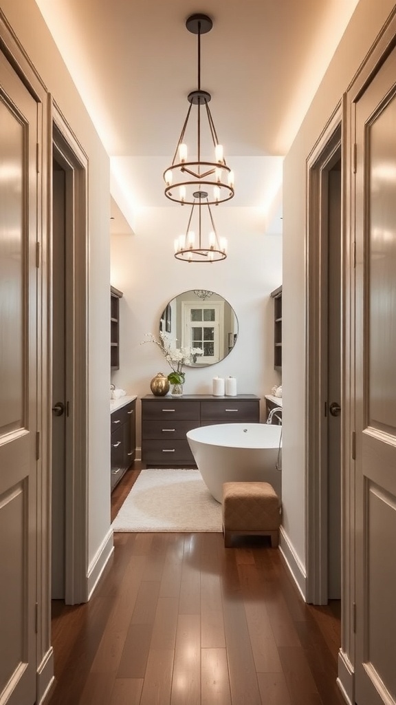 A dual entry walk-through closet leading to a stylish bathroom with warm lighting and elegant decor.