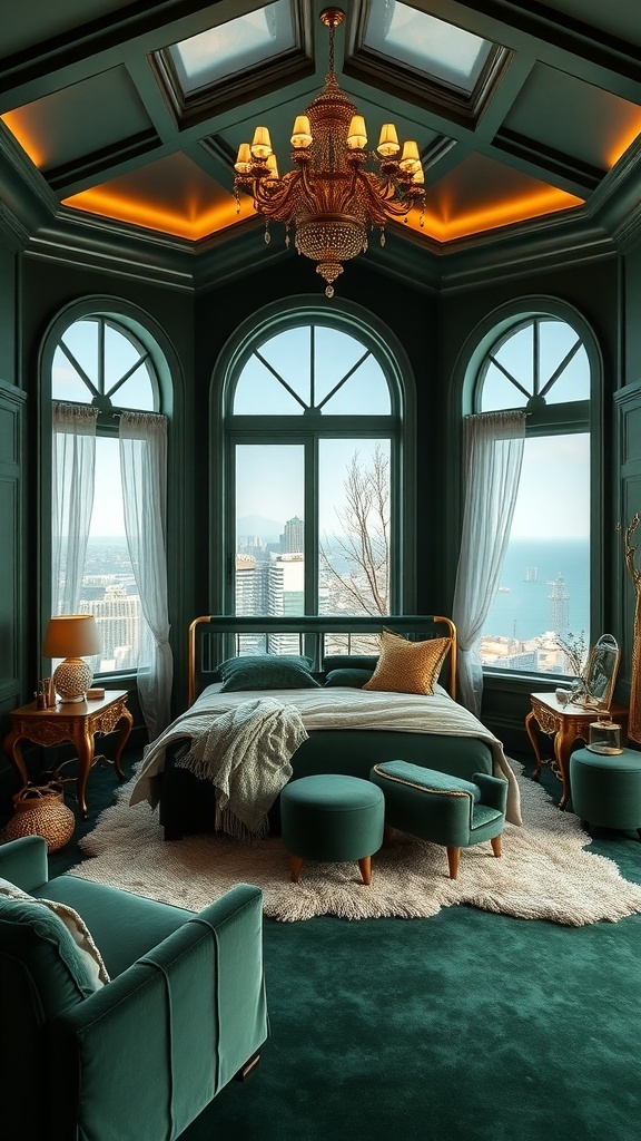 Ein elegantes Schlafzimmer in Dunkelgrün mit goldenen Akzenten und großen Fenstern