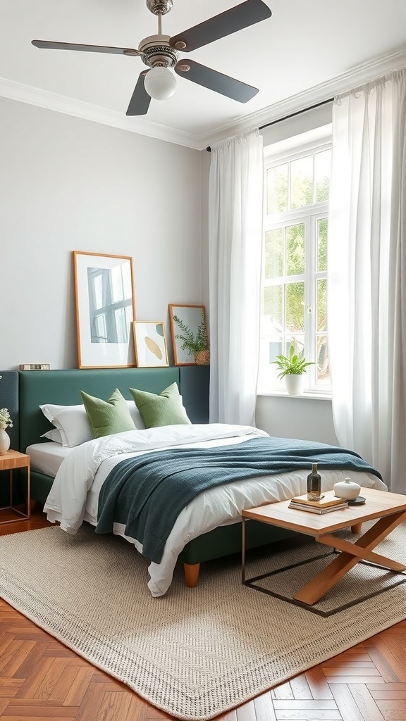 Luxuriöses Schlafzimmer in Dunkelgrün und Weiß mit modernem Bett und sanfter Beleuchtung