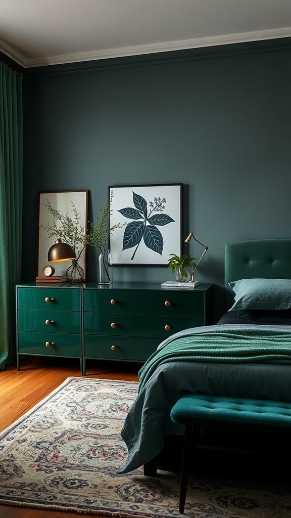 Ein Schlafzimmer mit dunkelgrünen Akzentmöbeln, einer Kommode und Bettwäsche in verschiedenen Grüntönen.